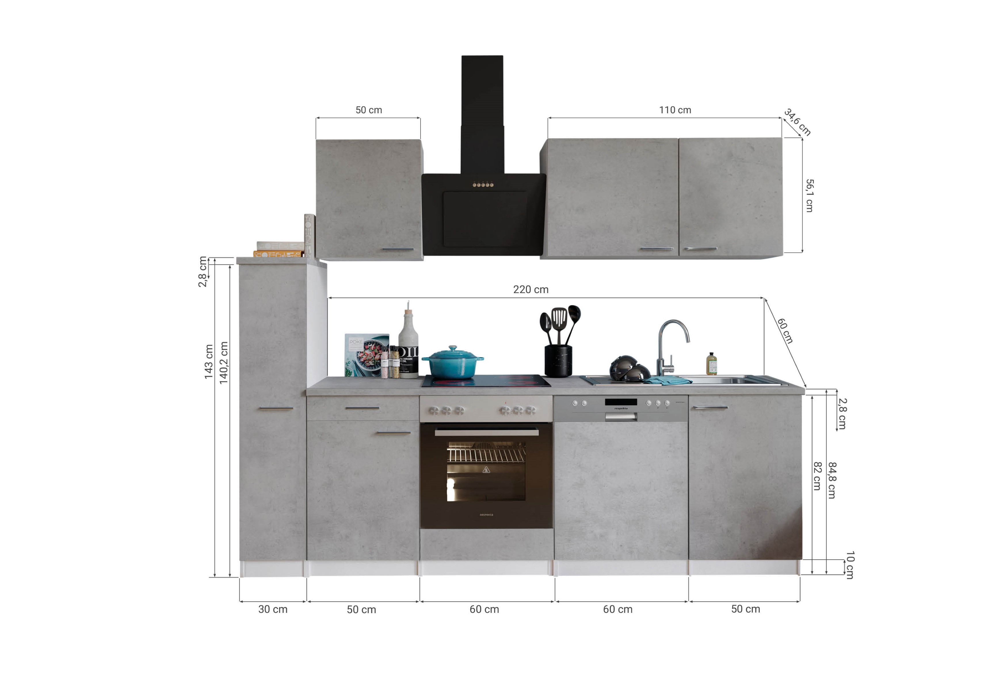 Küche Küchenzeile Küchenblock Einbauküche Weiß Beton Malia 250 cm Respekta