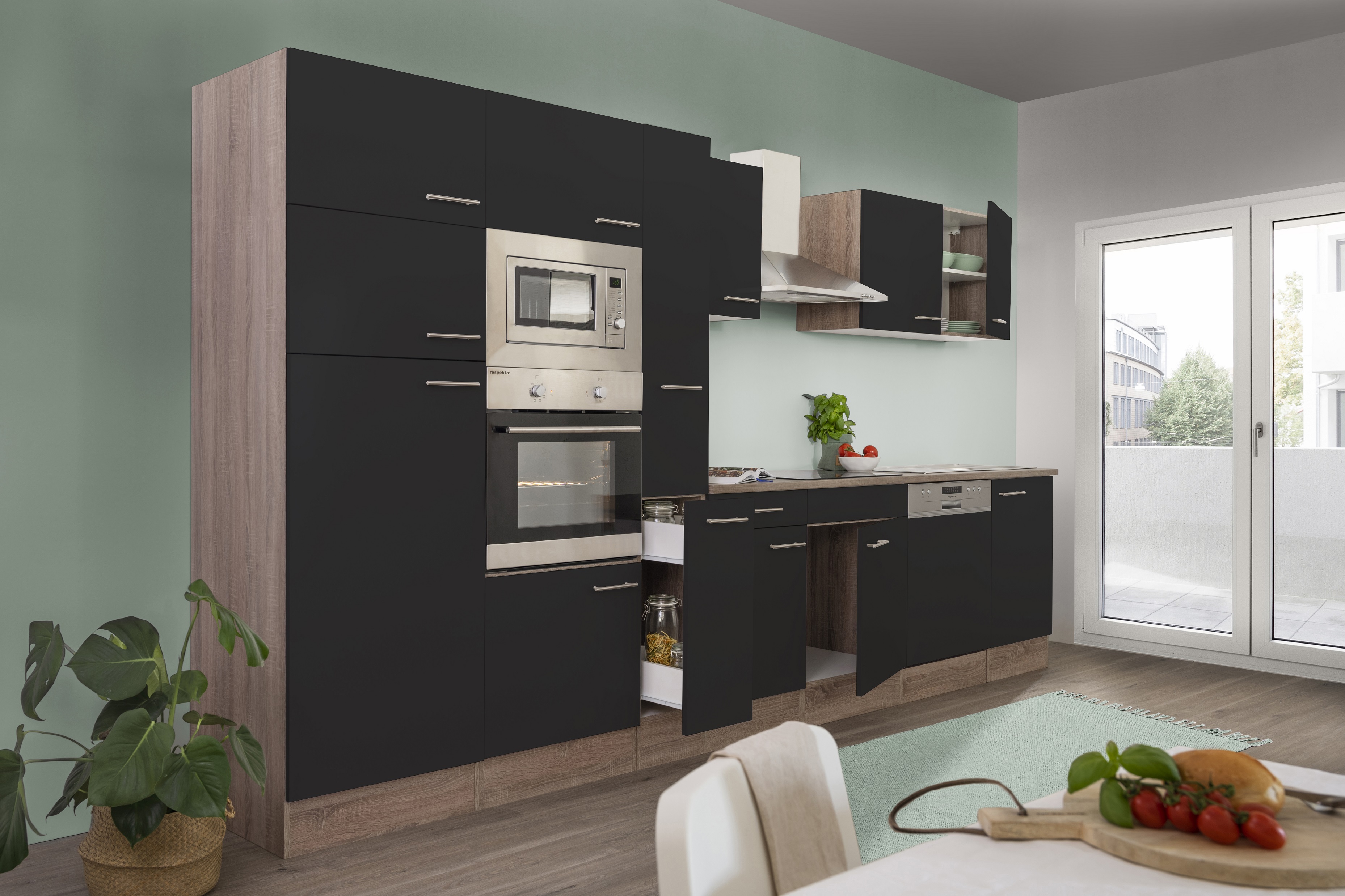 respekta Küche Küchenzeile Küchenblock Einbauküche Eiche York schwarz 370 cm