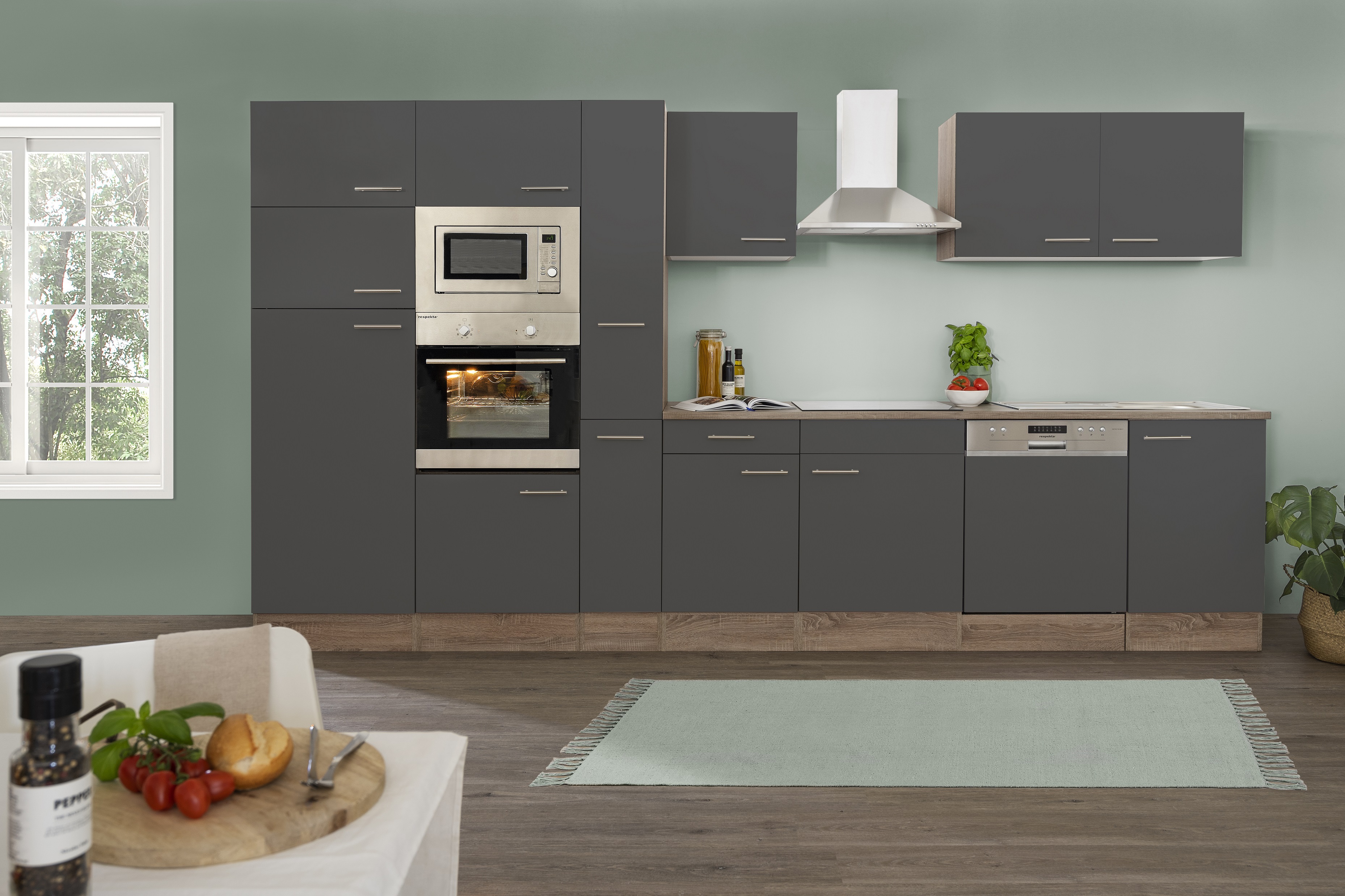 respekta Küche Küchenzeile Küchenblock Einbauküche Eiche York grau Glanz 370  cm