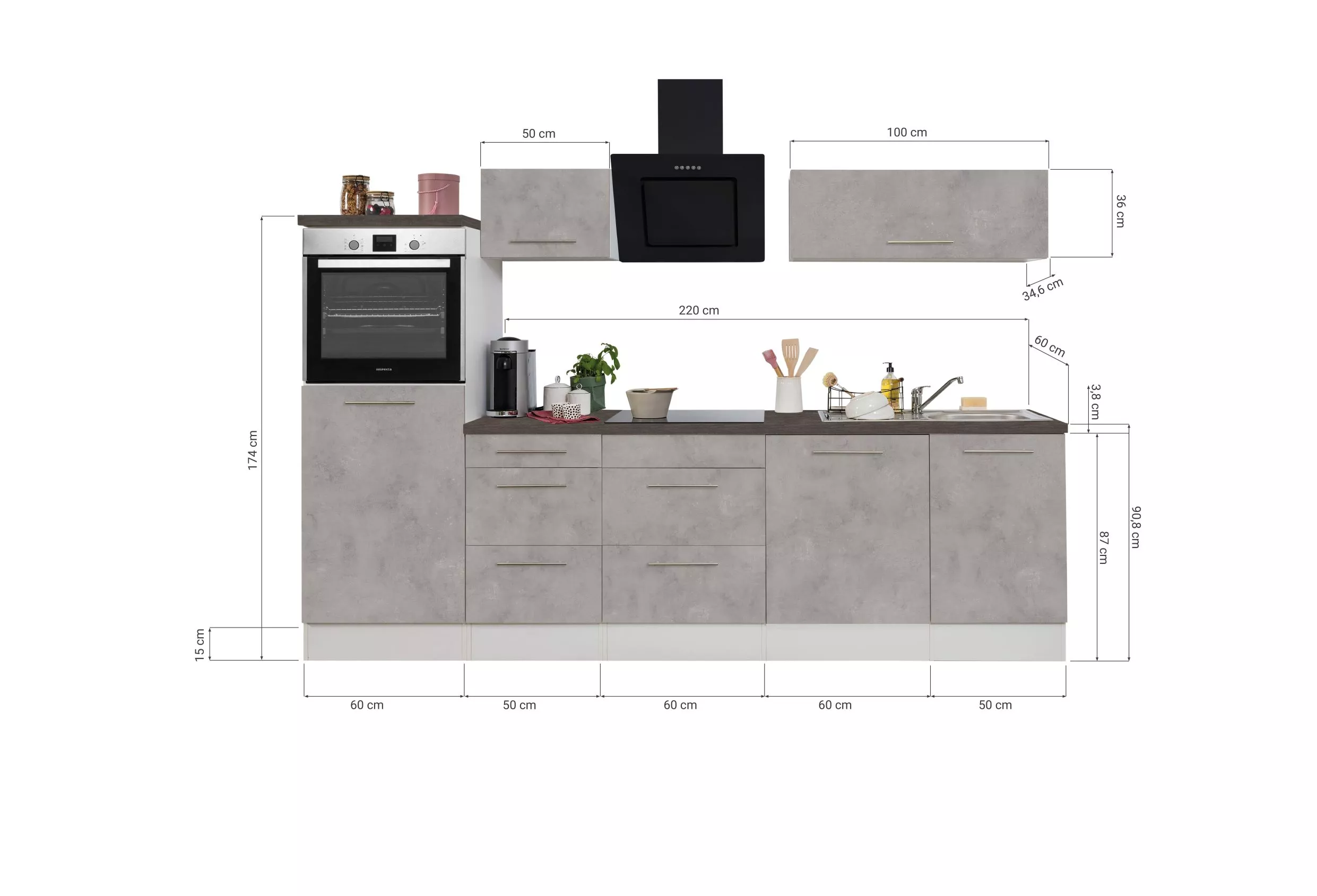 Küche Küchenzeile Küchenblock  Beton Amanda 280 cm Respekta Premium