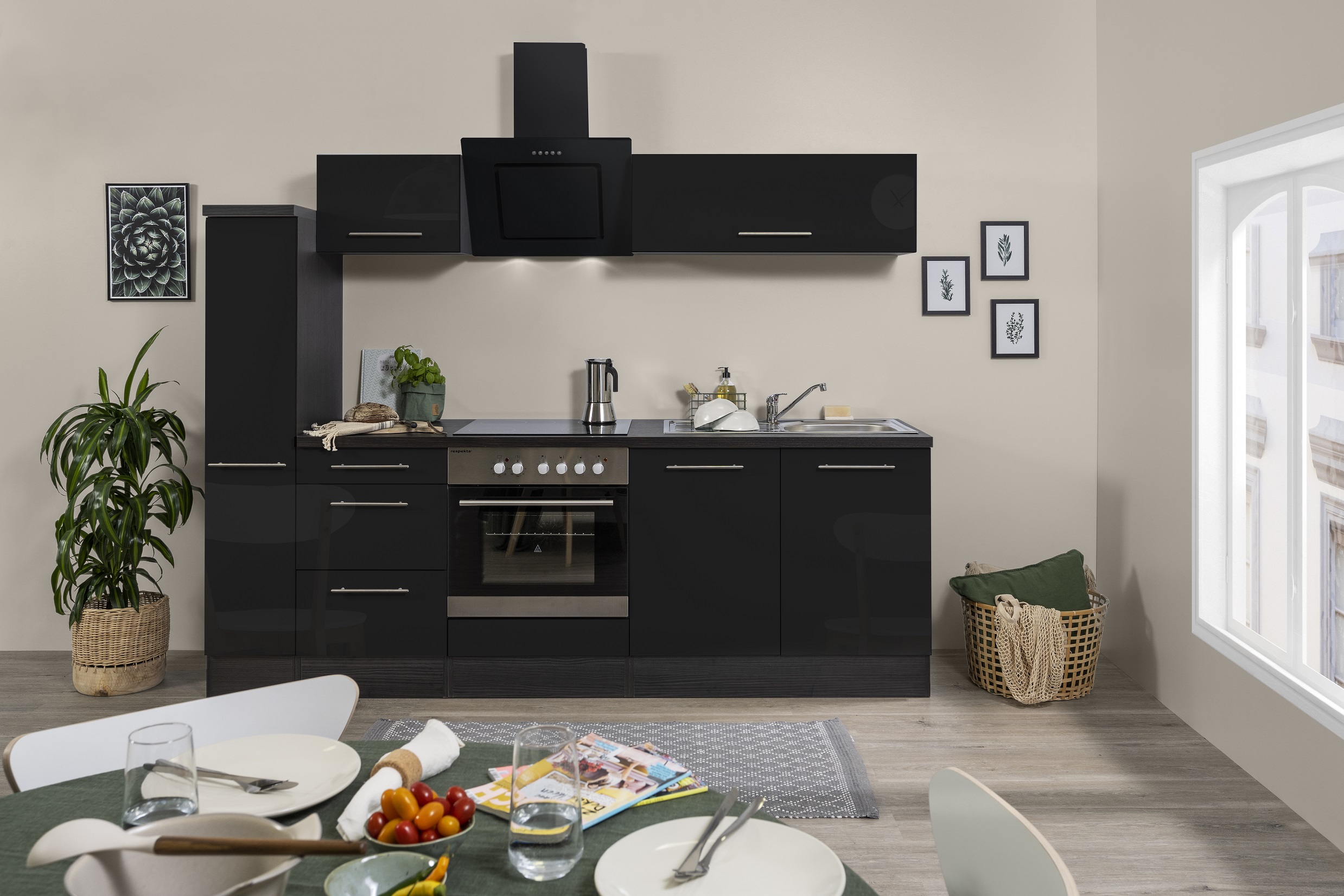Küche Einbauküche schwarz Eiche Küchenblock respekta Hochglanz 240cm Küchenzeile