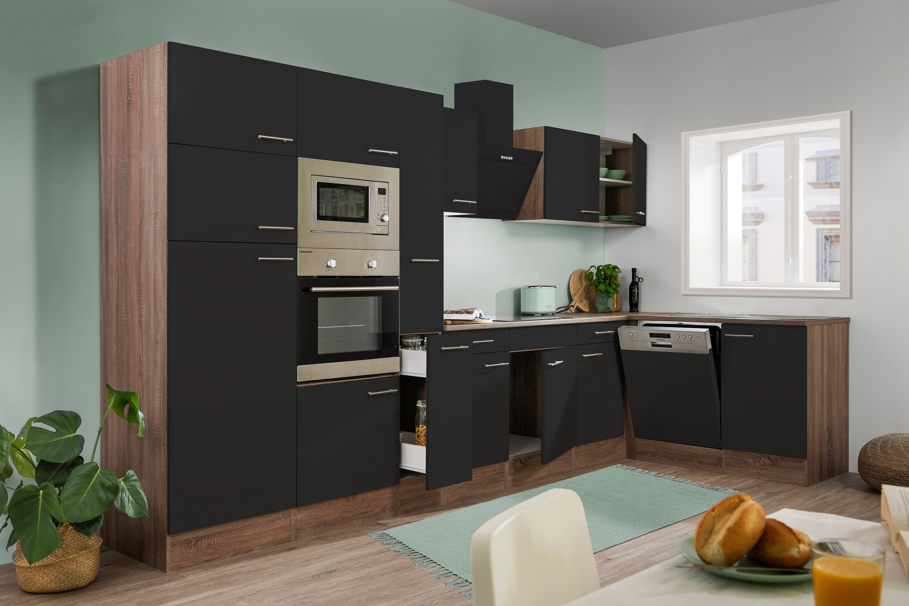 respekta Küchenzeile Küche schwarz 370x172cm L-Form Küche Winkelküche York Eiche
