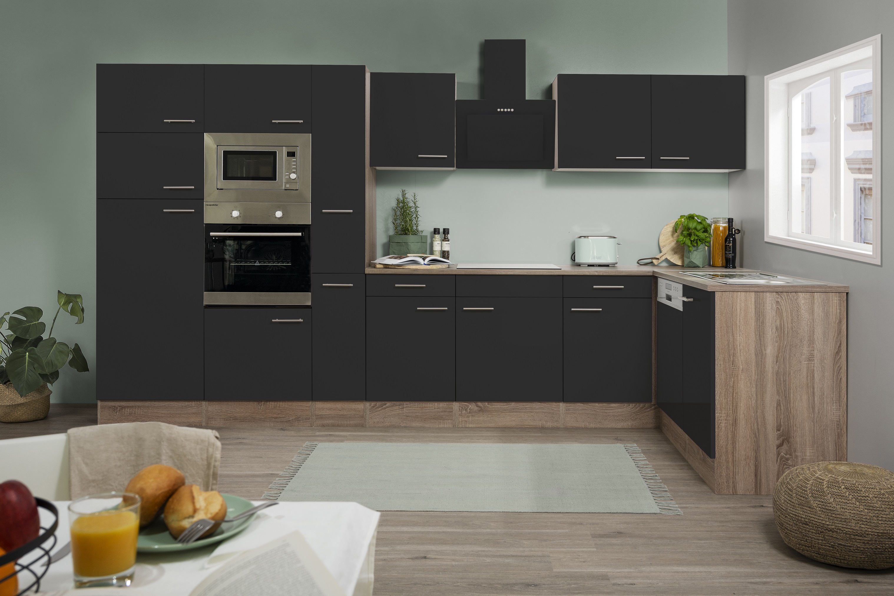 respekta Küchenzeile Küche Winkelküche L-Form Eiche Küche York schwarz 370x172cm