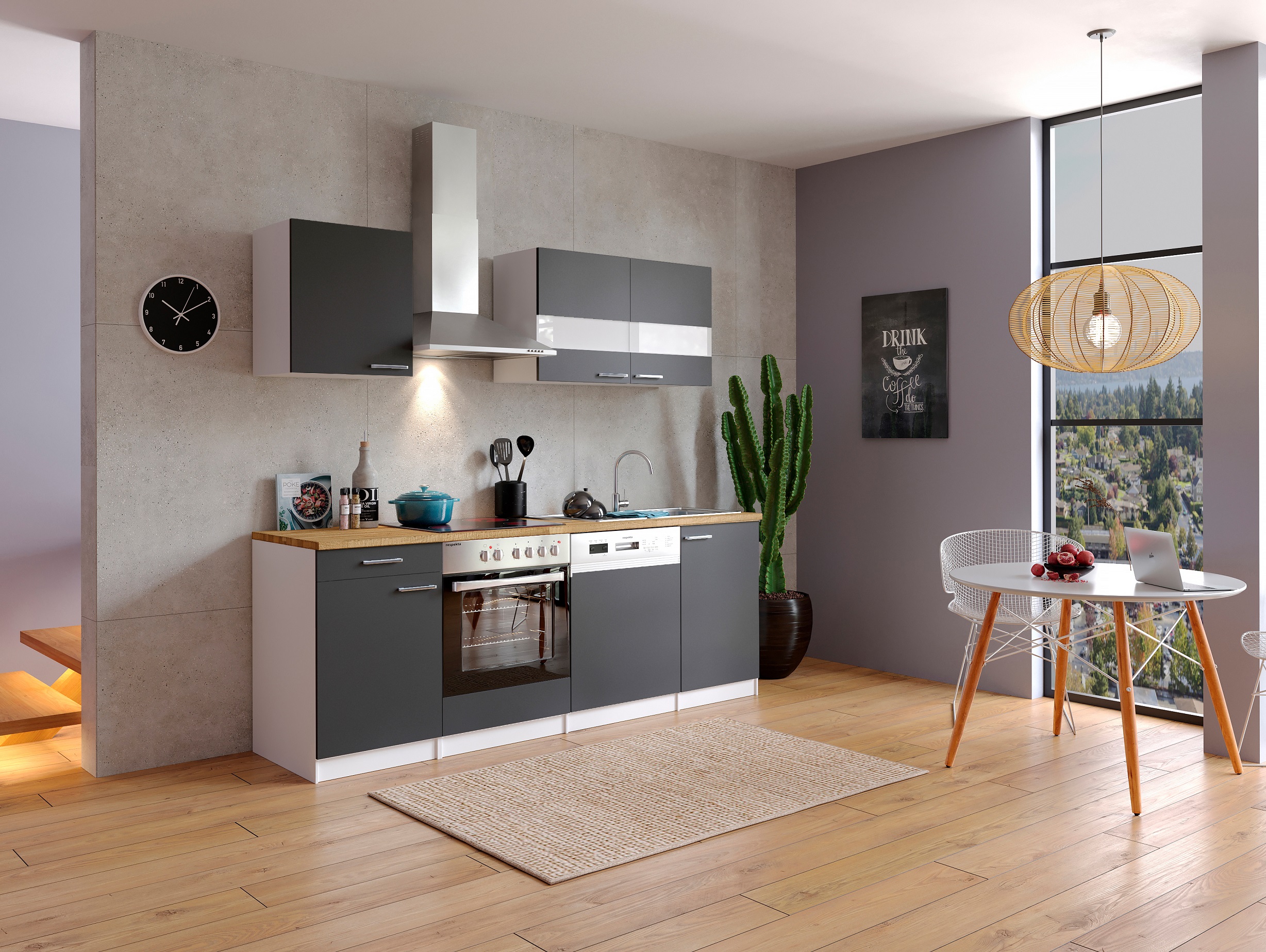 respekta Küche Küchenzeile Küchenblock Einbauküche Komplett 220 cm weiß grau