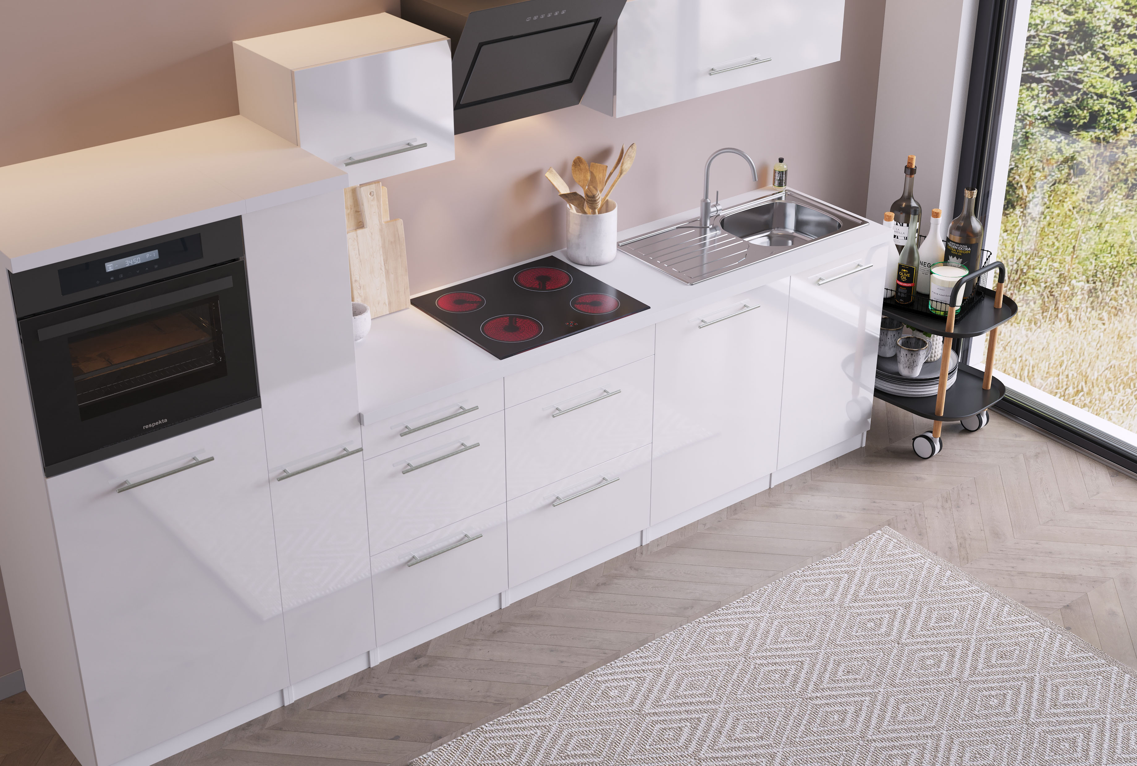 310cm weiß Hochglanz Küchenzeile Einbauküche Küche respekta Komplett Küchenblock