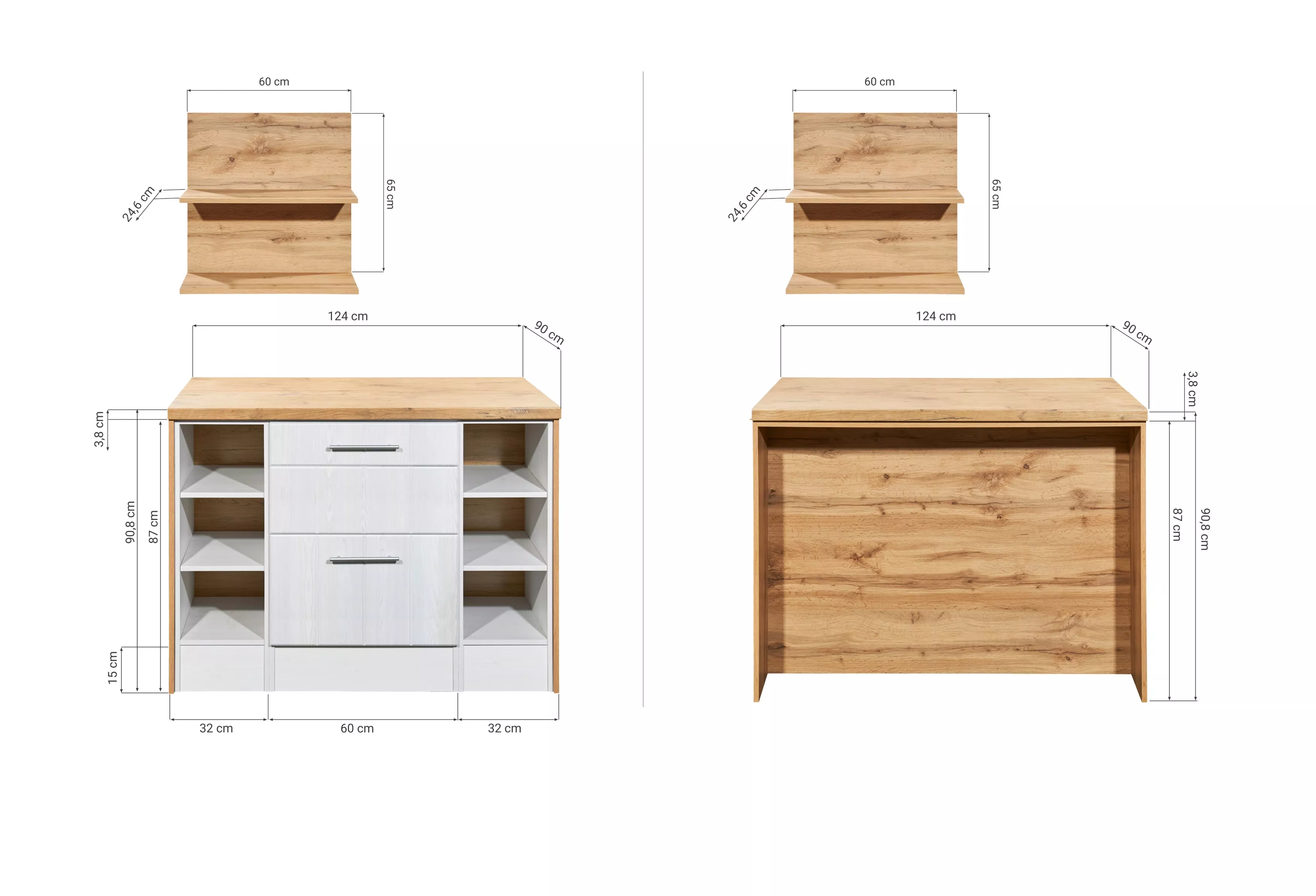 Küche Kücheninsel Anton 124 cm mit Hängeregal Lärche Weiß Respekta