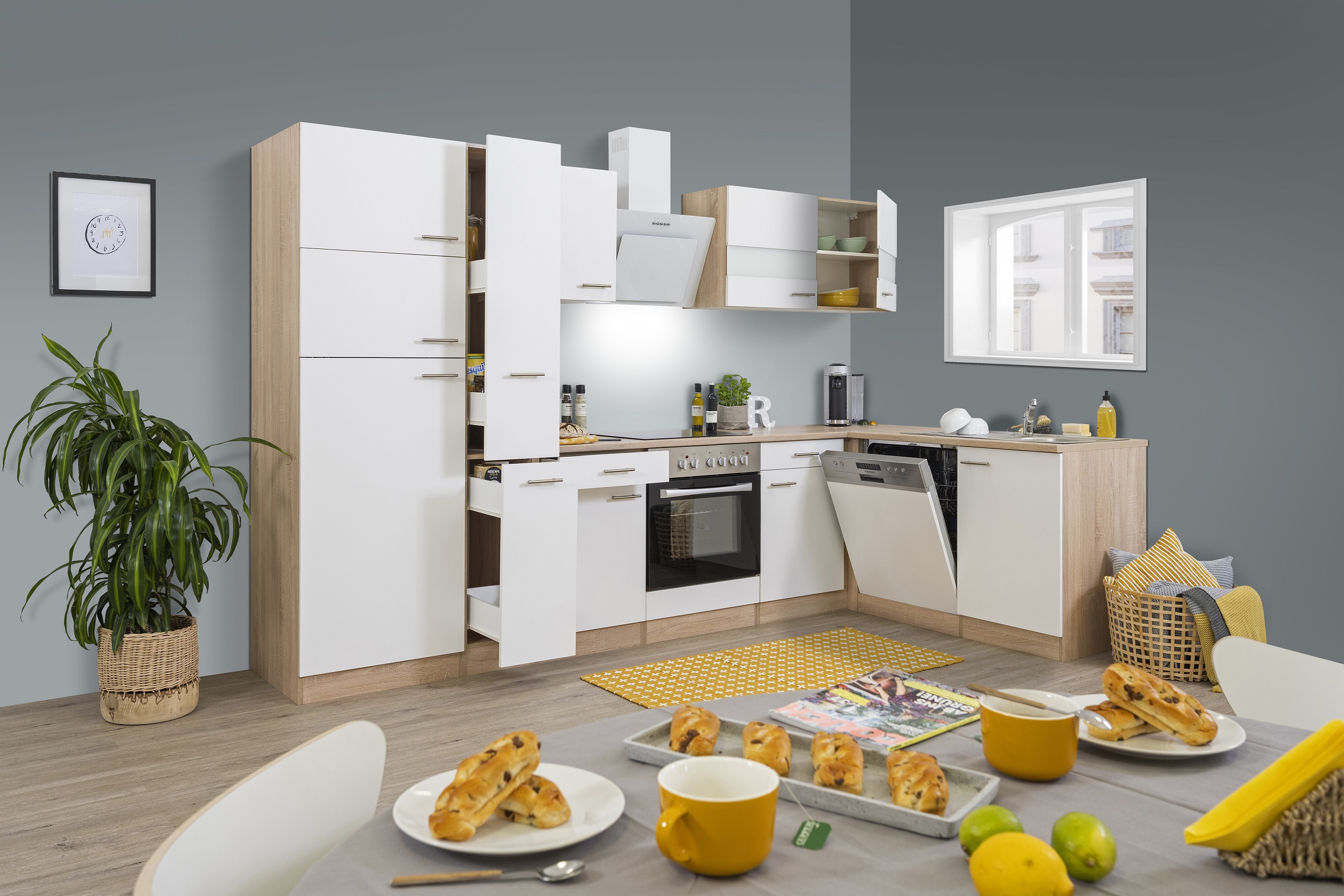 respekta Küchenzeile Küche Winkelküche L-Form Küche Eiche Sonoma weiß  310x172 cm