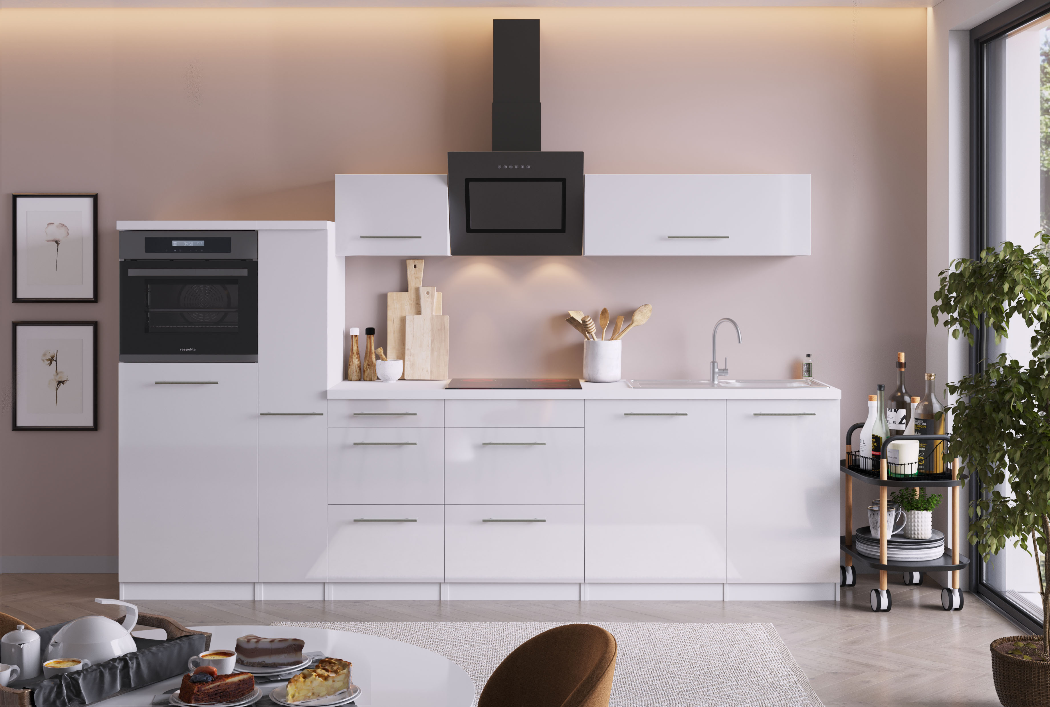 respekta Küchenzeile Komplett Einbauküche Küchenblock Hochglanz 310cm weiß Küche