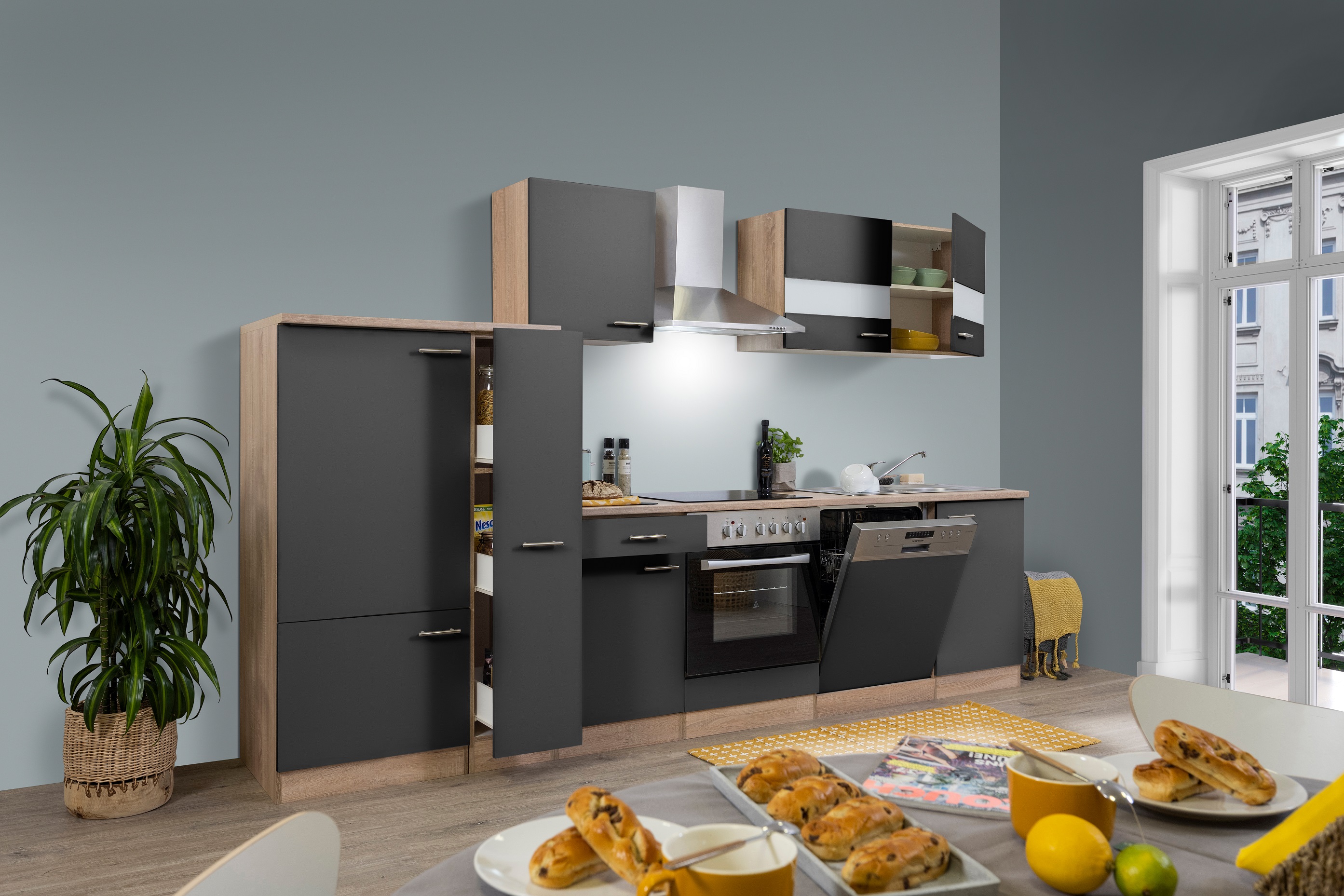 Komplett respekta Einbauküche Eiche Küchenzeile Küche Küchenblock grau 310 cm