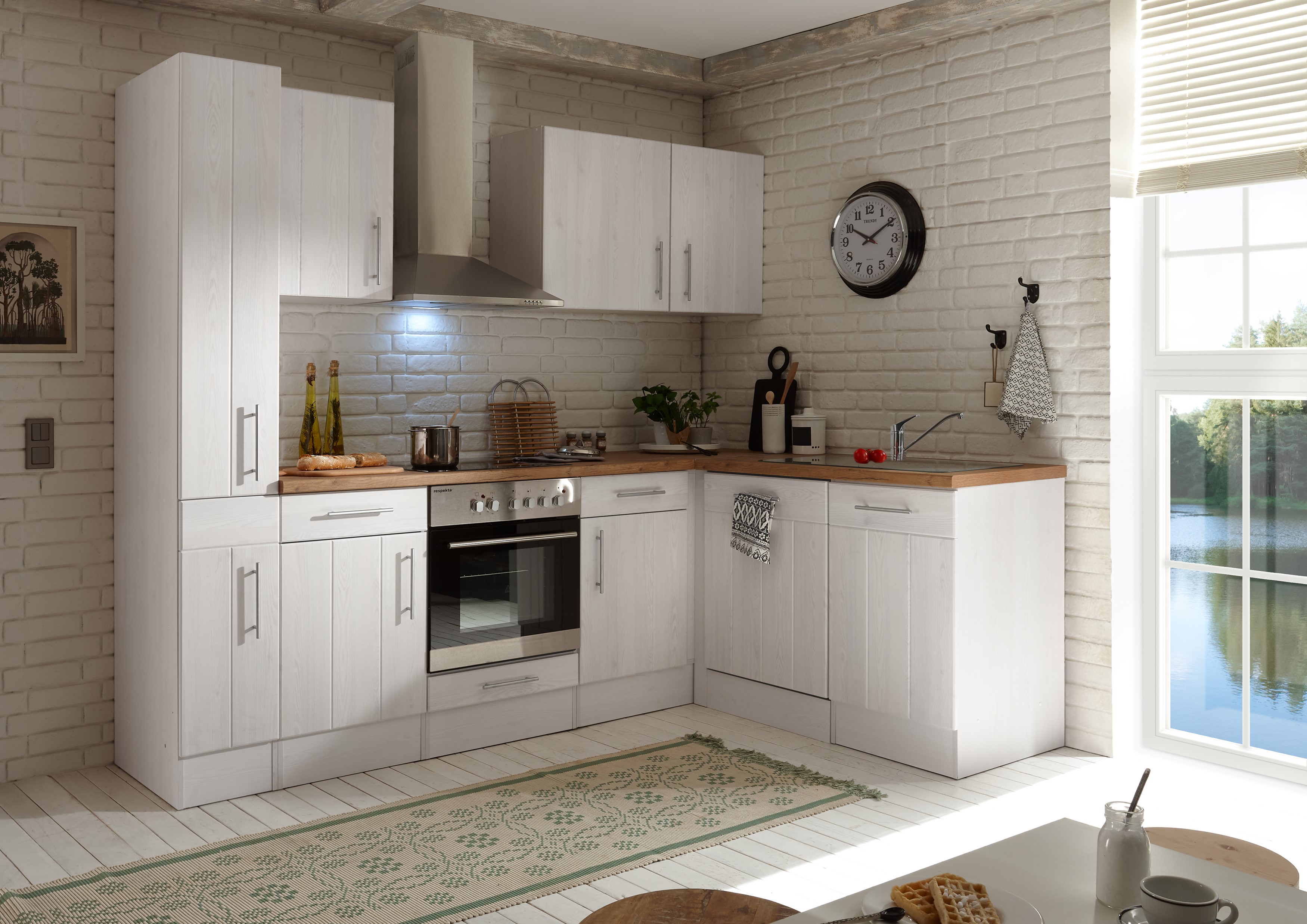 Küche Küchenzeile Winkelküche Landhaus Lärche Weiß Anton 250 x 172 cm Respekta