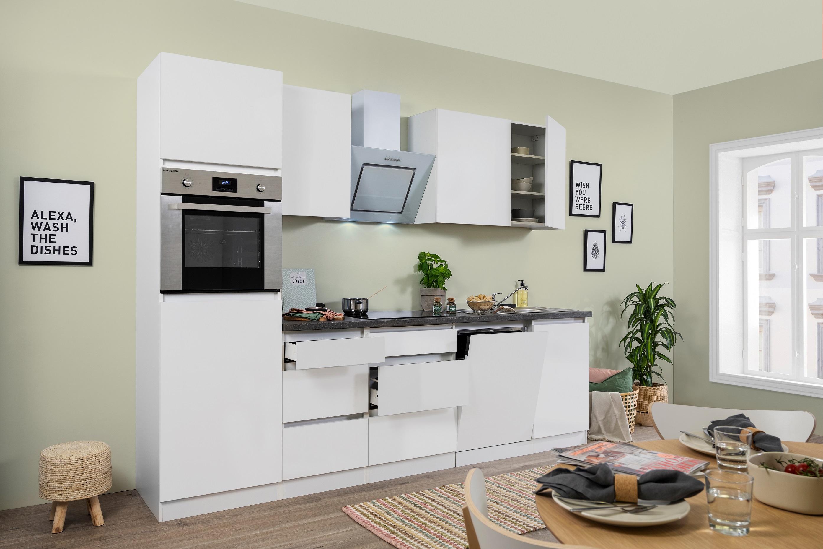 respekta Küchenzeile Küche Küchenblock grifflose 280 cm weiß Einbauküche Matt