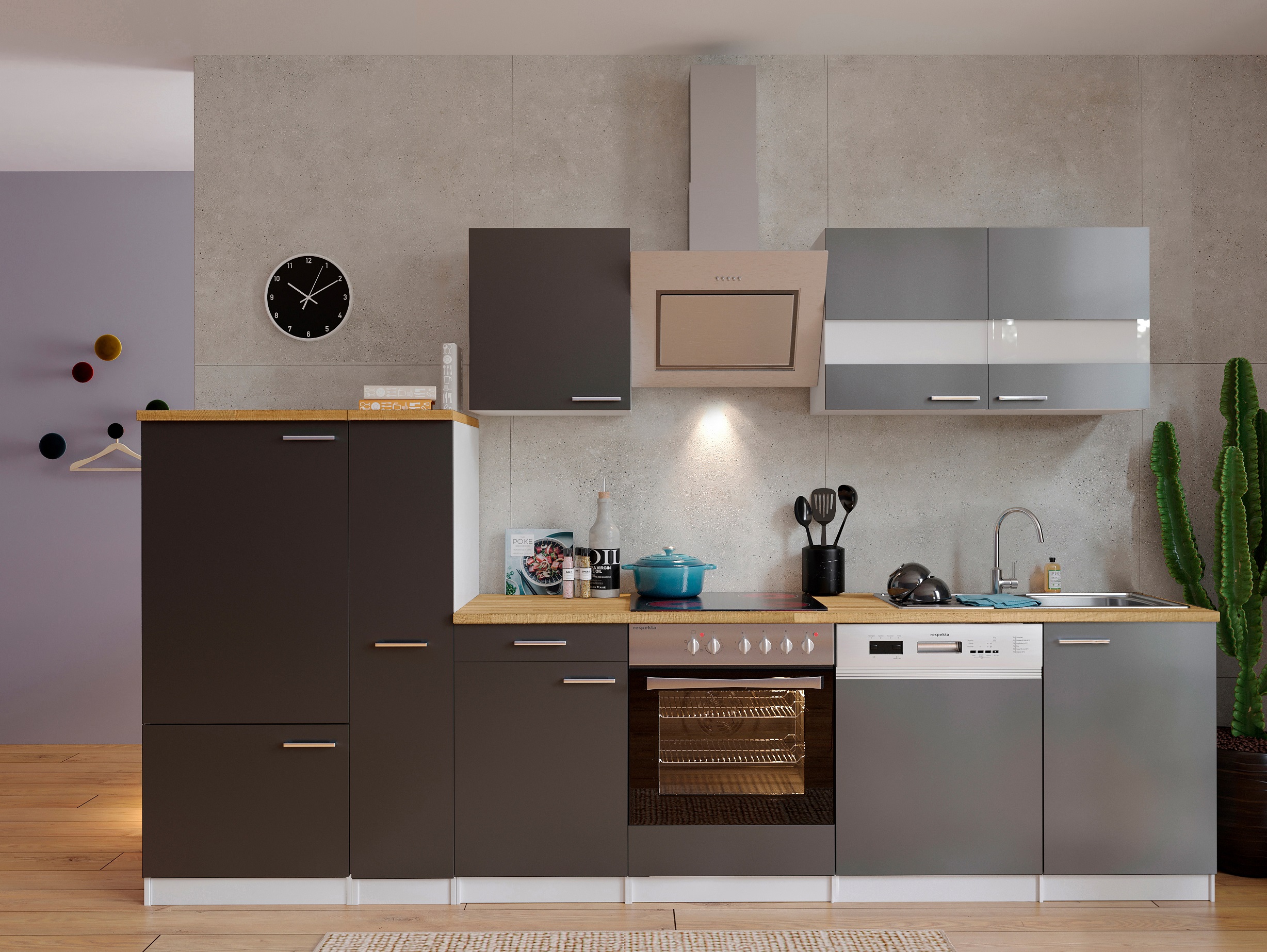 respekta Küche Küchenzeile Küchenblock Einbauküche weiss 310 Front grau cm