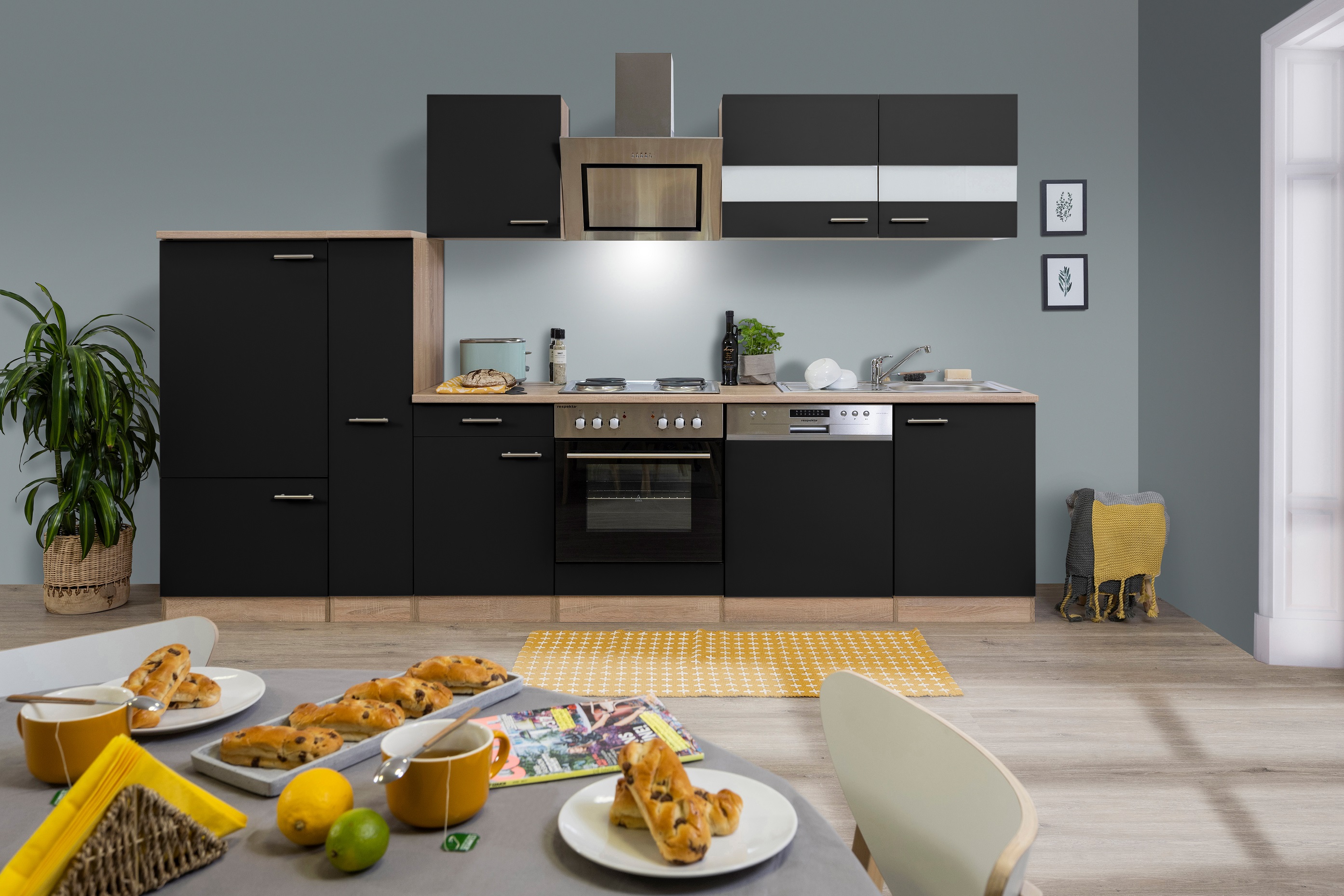 Küchenzeile Küche schwarz cm Küchenblock Einbauküche Komplett respekta 310 Eiche