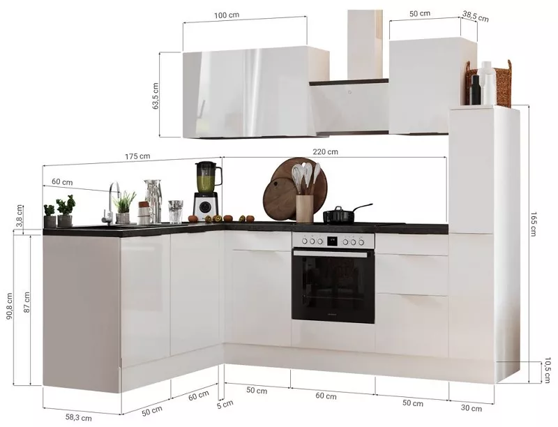 Küche vormontierte L - Küche 250 x 175 cm wechselseitig aufbaubar incl. Geräte Respekta Selection Elisabeth Artisan  Weiß