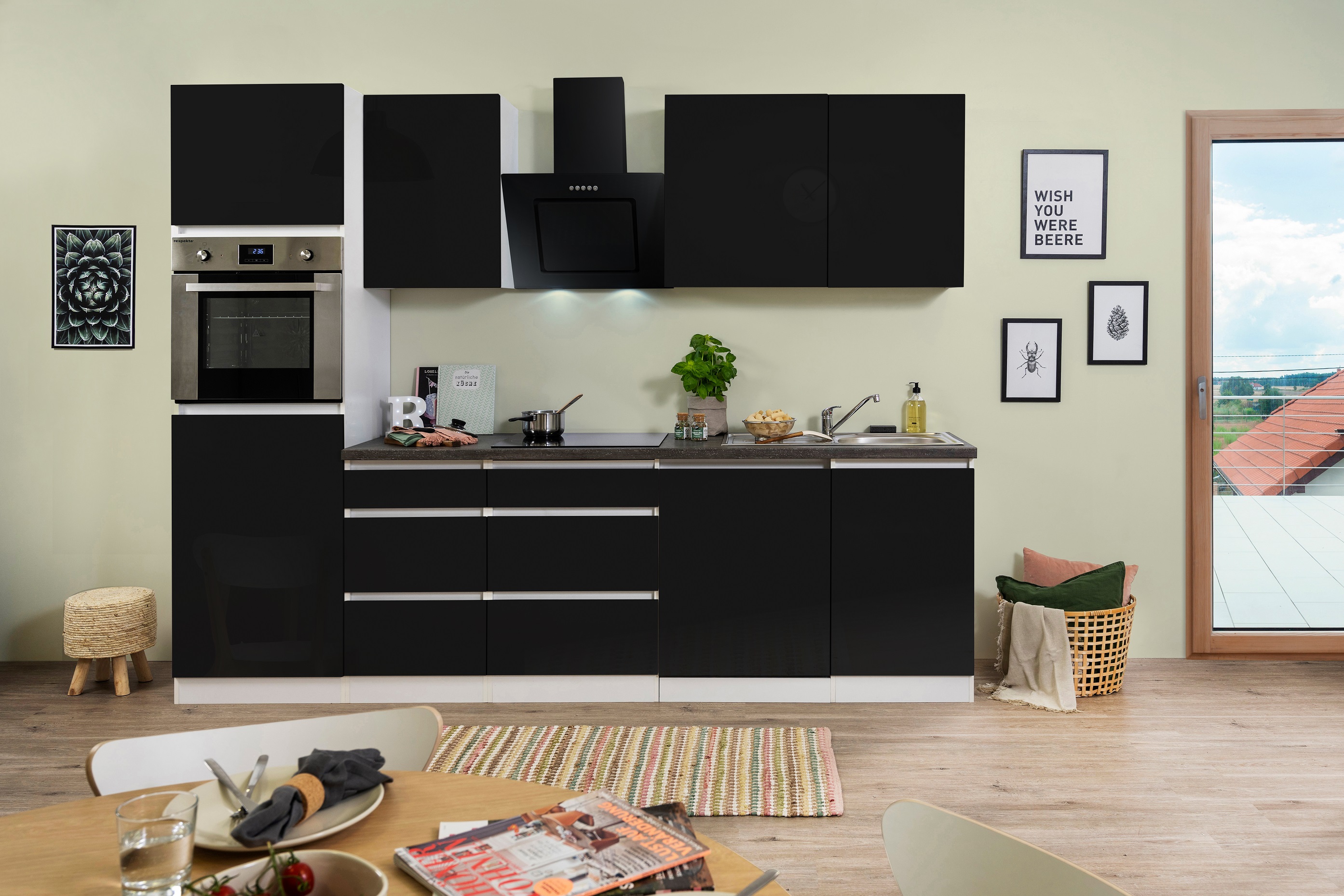 respekta Küchenzeile Küche Küchenblock grifflose Einbauküche 280 cm weiß  schwarz