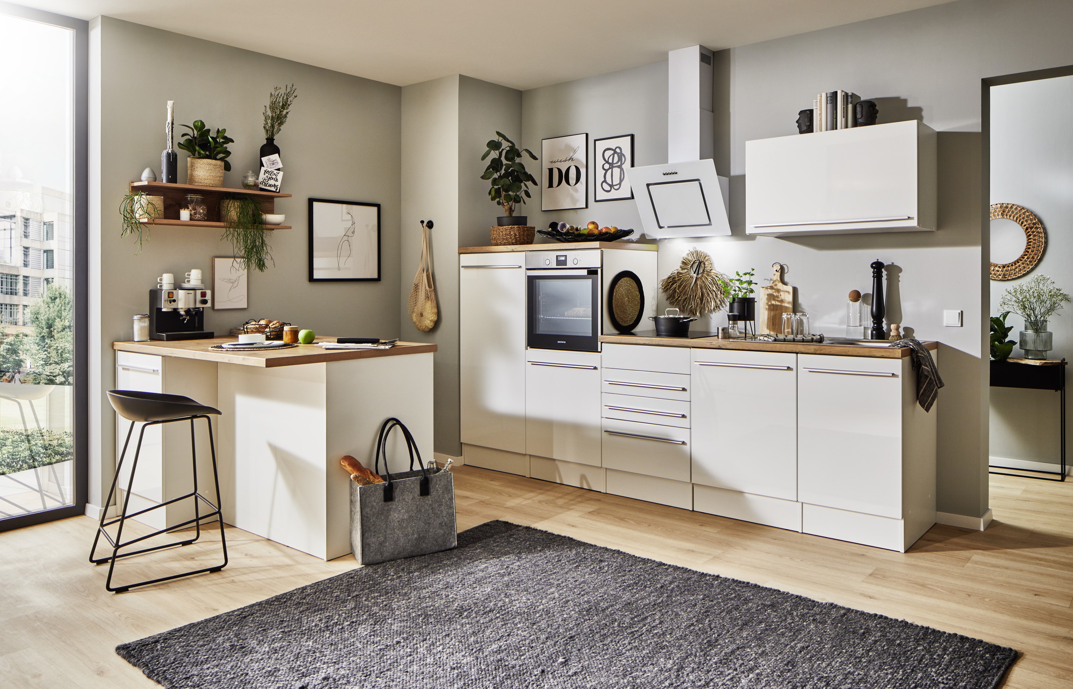 Küche Küchenzeile Inselküche Einbauküche Weiß Gabriel 290 cm Respekta Premium