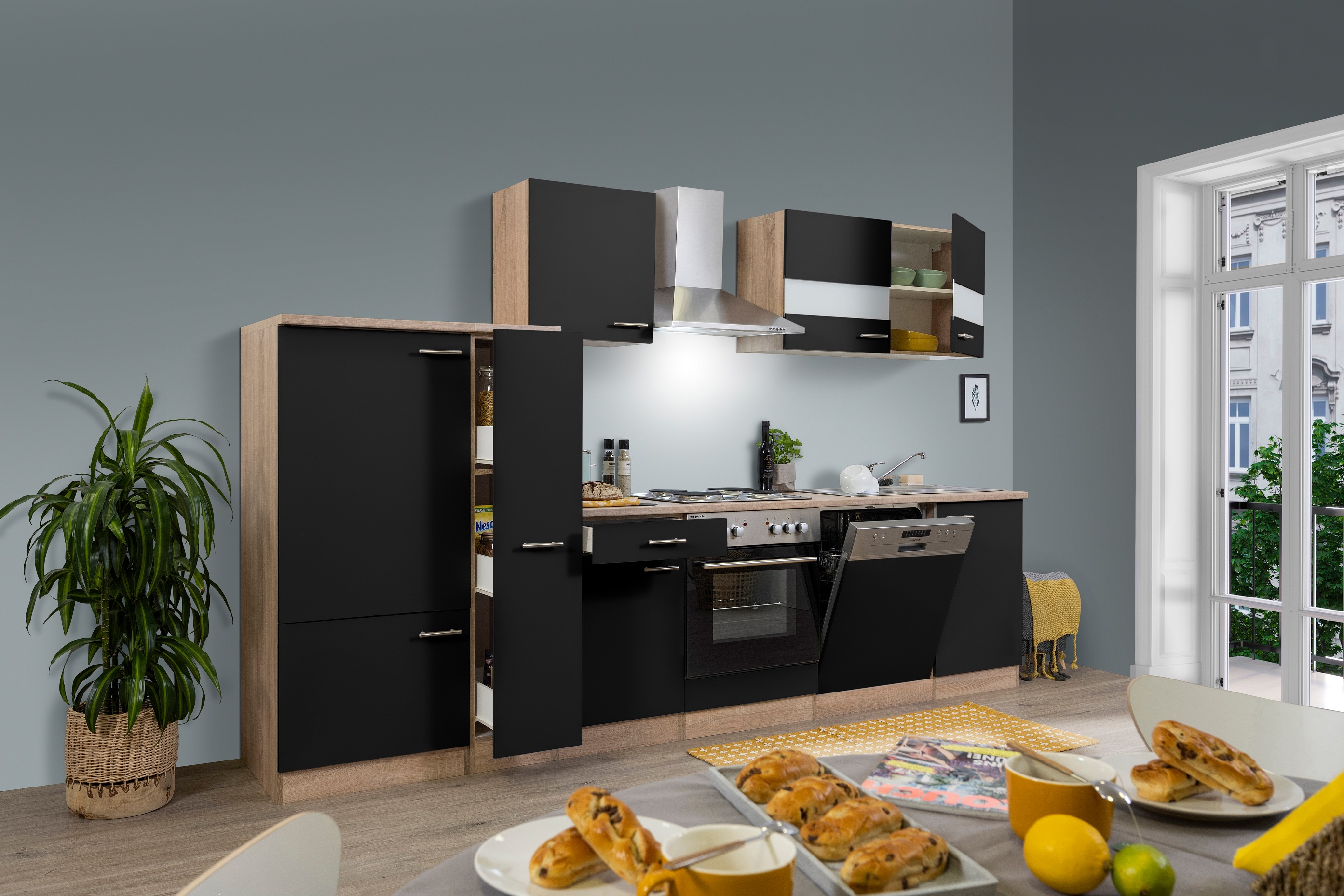 respekta Küchenzeile Küche Küchenblock Einbauküche 310 cm Eiche schwarz  Komplett