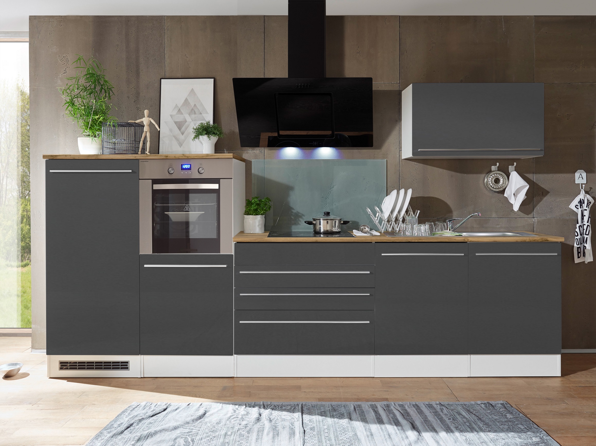 respekta Küche Küchenzeile Küchenblock Einbauküche Komplettküche weiß grau  320cm