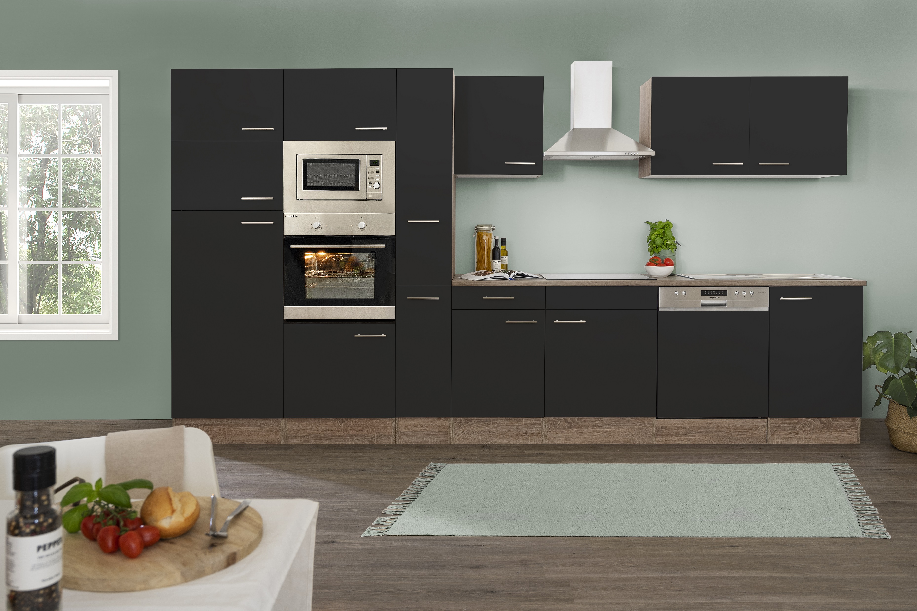 respekta Küche Einbauküche Eiche schwarz Küchenzeile York 370 cm Küchenblock
