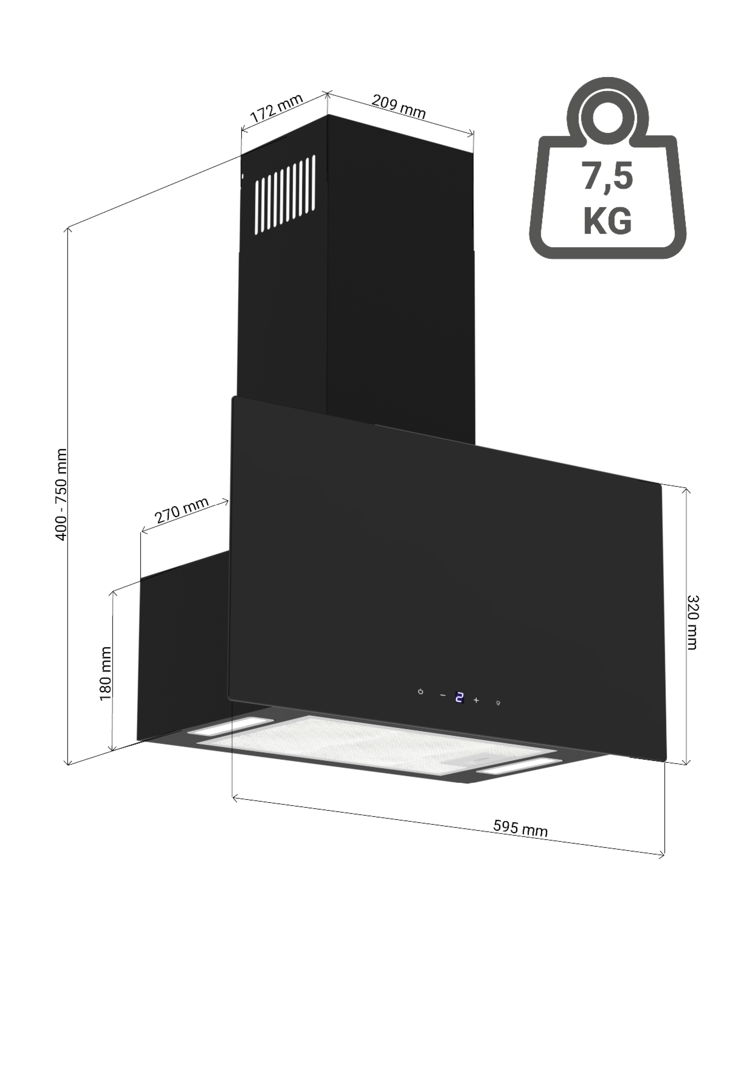 Dunstabzugshaube Kopffrei flache Glasfront 60 cm Schwarz Umluft Lio Respekta