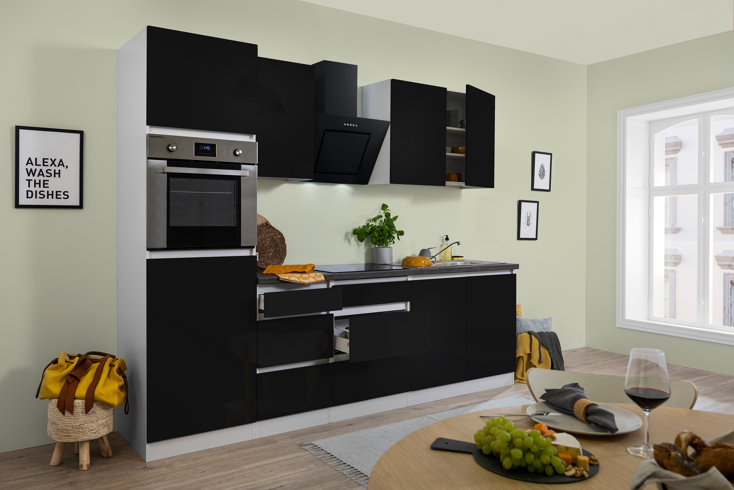 respekta Küche Küchenzeile Küchenblock 270 cm grifflose Einbauküche schwarz weiß